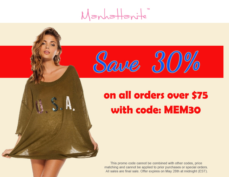 Memorial Day Sale! Save 30% on all orders over $75 at ShopManhattanite.com! Use Code: MEM30, Shop Now!