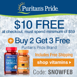 Winter Flash Sale! $10 FREE at checkout + Buy 2 Get 3 Free + Free Shipping!^ Puritan's Pride brand. Code: SNOWFEB. Must spend Minimum of $59