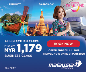 (MY) Business Class: Enjoy All-in Return Fares from MYR1,179 to Thailand when you fly with Malaysia Airlines! Offer valid from now till 31st Jul.