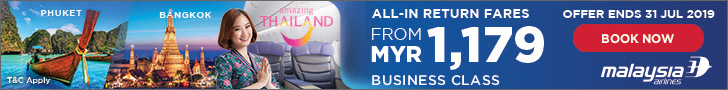 (MY) Business Class: Enjoy All-in Return Fares from MYR1,179 to Thailand when you fly with Malaysia Airlines! Offer valid from now till 31st Jul.