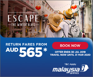 (AU) Escape The Winter Blues: Enjoy Return Fares from AUD 565 when you fly with Malaysia Airlines! Offer valid from 23rd Jul till 30th Jul.